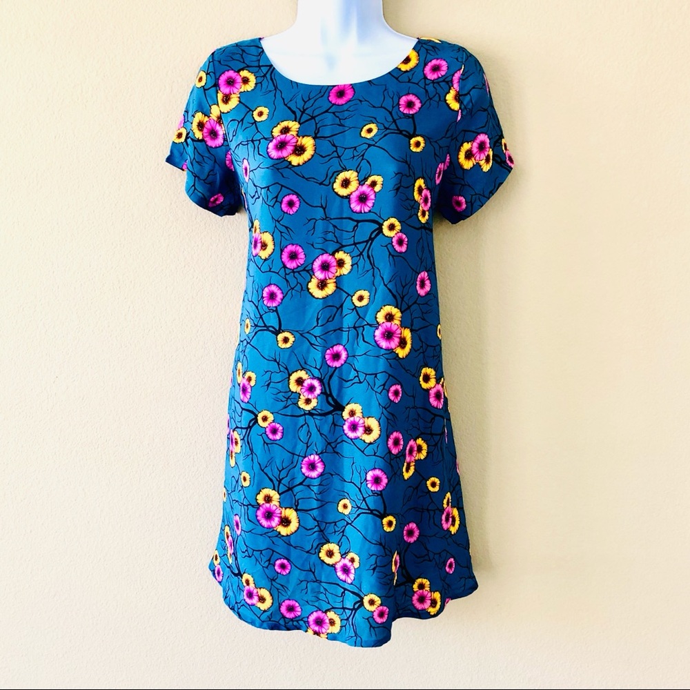 MANGO⚡️Teal Floral Flowy Shift Dress_S (Size 6)